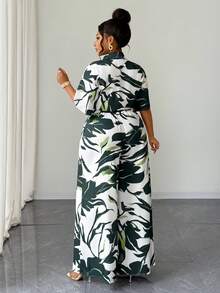 Maweii Plus Size Women Tropical Plant Print Short Sleeve Shirt And Pants Casual Suit - Apricot - View 3