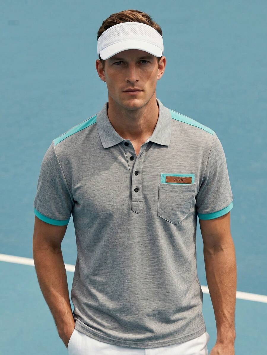 Men Office Color Block Patch Detail Collar Polo Shirt, Knit Fabric Short Sleeve Gray, With Contrast Trim & Pocket & Button - Grey - View 1