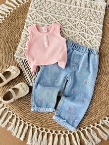 Baby Girl Solid Color Ribbed Tank Top And Bow Embroidered Denim Pants Set - Pink - View 11