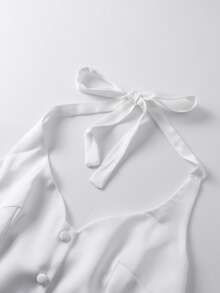 Top corto de tirantes finos de satén blanco / Camiseta ajustada de un solo pecho sexy - Blanco - Ver 4