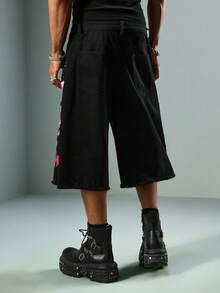 Street Life Pantalones cortos de mezclilla con adornos de flores y diamante de imitación para hombres - Negro - Ver 8