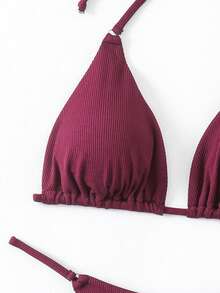 Swim Vcay Women Solid Color Halter Tie Back Bikini Set, Bikini Summer - Red Violet - View 3
