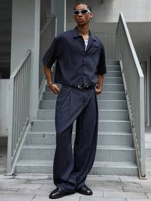 Manfinity Roghcode 男士休闲街头风短袖上衣长裤套装。街头服饰，朋友，情侣装，宽松版型，男士，印花，日系风格，男女皆宜，我爱我的女朋友 - 藏蓝色 - 查看 7