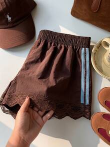Muchica Women's Casual Contrast Lace Brown Woven Shorts, Summer - Brown - View 2