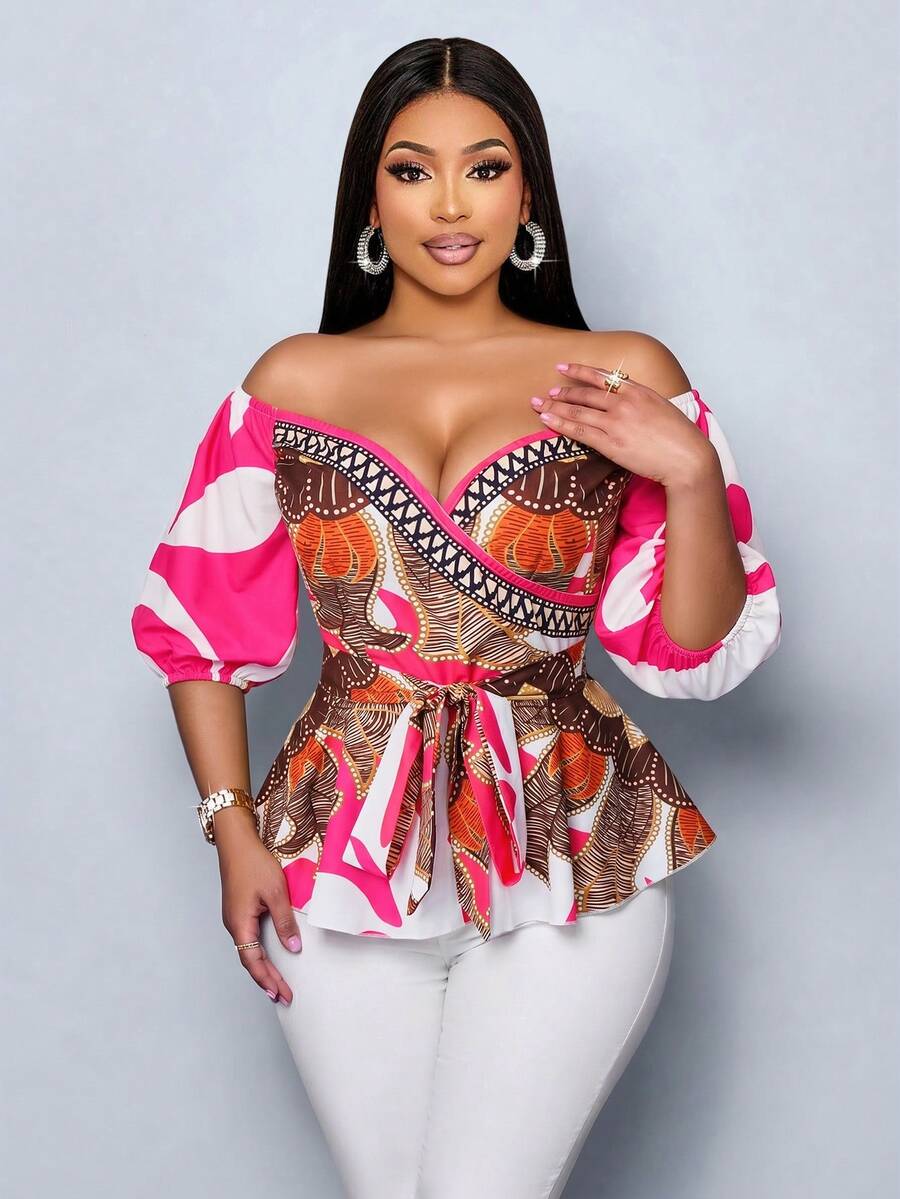 SOLERSUN Plus Size Elegant All-Over Print Off-Shoulder Lantern Sleeve Ruffle Hem Blouse - Hot Pink - View 1