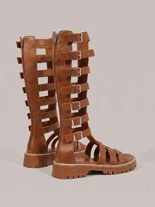 Styleloop Women's Shoes Spring And Summer New Women's Wedge Heel Platform Sandals, Metal Buckle Rivet Inlay Decoration, Tall Cool Boots, Gladiator Sandals, Rear Zipper Weaving, Roman Style Holiday Daily Wear Summer Shoes - Brown - View 6