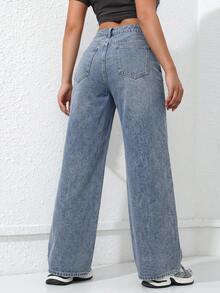 SHEIN ICON Casual Sexy Washed Slant Pocket Straight Leg Jeans Back-To-School Swimming Pastal Summer - Light Wash - View 2