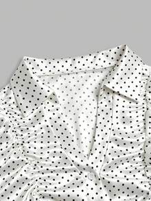 Sweetra Women's Polka Dot Pattern Short Sleeve Pleated Single-Breasted Shirt - White - View 8