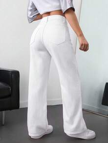 Jeans droits en coton 100% de couleur unie pour femmes - Blanc - Voir 2