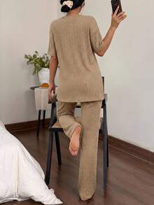 Women Cotton 2 Pcs V Neck Short Sleeve Homewear Lounge Set - Beige - View 3