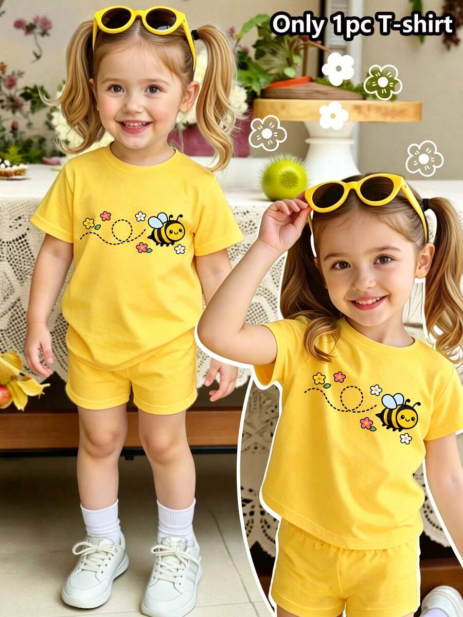 Elladie kids 可爱蜜蜂花卉印花休闲基础款短款T恤，舒适百搭，适合女宝宝春夏秋季日常穿着 - 黃色 - 查看 1