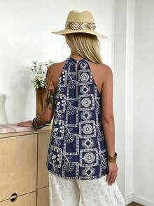 Livesso Top de tirantes finos casual con bordado floral de estilo ditsy texturizado en azul, adecuado para festivales de música, San Valentín, bodas, vacaciones, playa - Azul - Ver 5