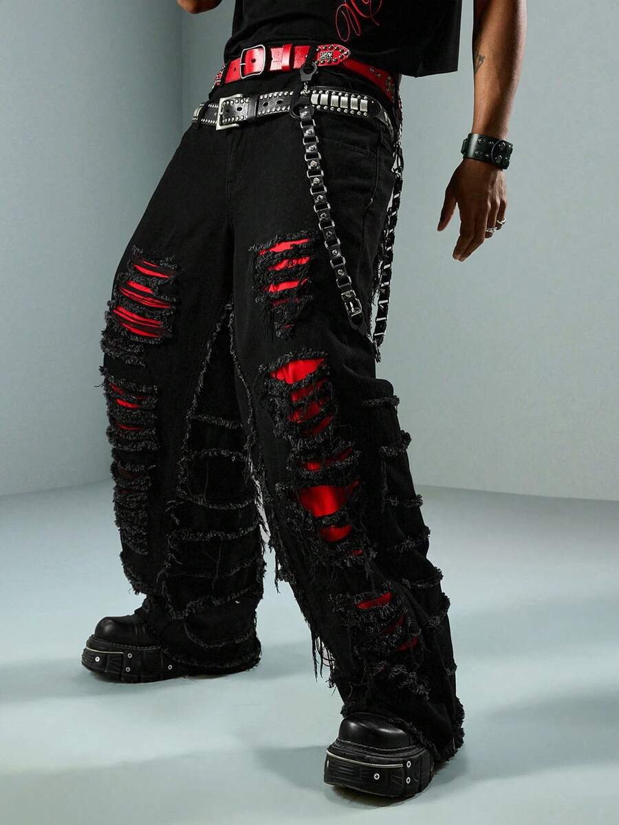 ROMWE MEN Street Life Quần jeans nam phong cách Punk đường phố rách túi xéo - màu đen - Xem 1