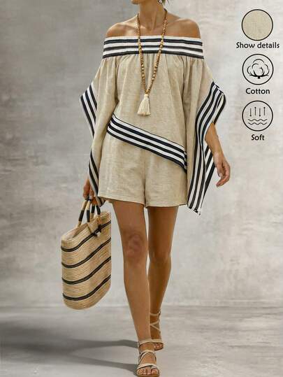 Balvessa 2pcs Women's Fashion Asymmetric-Shoulder Striped 3/4 Sleeve Asymmetric Hem Blouse And Elastic Waist Shorts Set, Linen-Cotton Blend, Suitable For Cruise, Travel, Date, Holiday, Beach Vacation, Sweet Style, Music Festival, Boho Vacation, Back To School, Wedding, Mother's Day, Teacher's Day, All Seasons