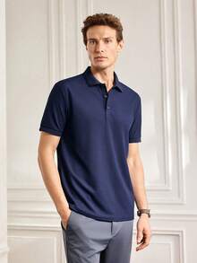 Officeau Polo décontracté d'été pour hommes, col rafraîchissant, style business, pour vacances, manches courtes, t-shirt - Bleu marine - Voir 5