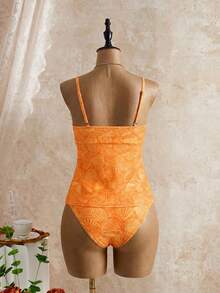 Swim Mod Set de 2 piezas de bikini con parte superior de tirantes finos con volantes y lazo, y braga, con estampado floral aleatorio, talla estándar para mujeres - Multicolor - Ver 2