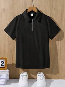 SHEIN Young Boys' Casual School Collar Short Sleeve Polo Shirt,Solid Color Textured Fabric,Suitable For Commuting,Daily Wear,Sports,Spring/Summer - Black - View 5