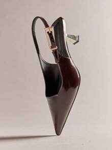 SHEIN Haute 女士亮面Pat咖啡色尖头金属镀层猫跟标志性搭扣露跟高跟鞋——设计师灵感，时尚舒适 - 咖啡棕 - 查看 9