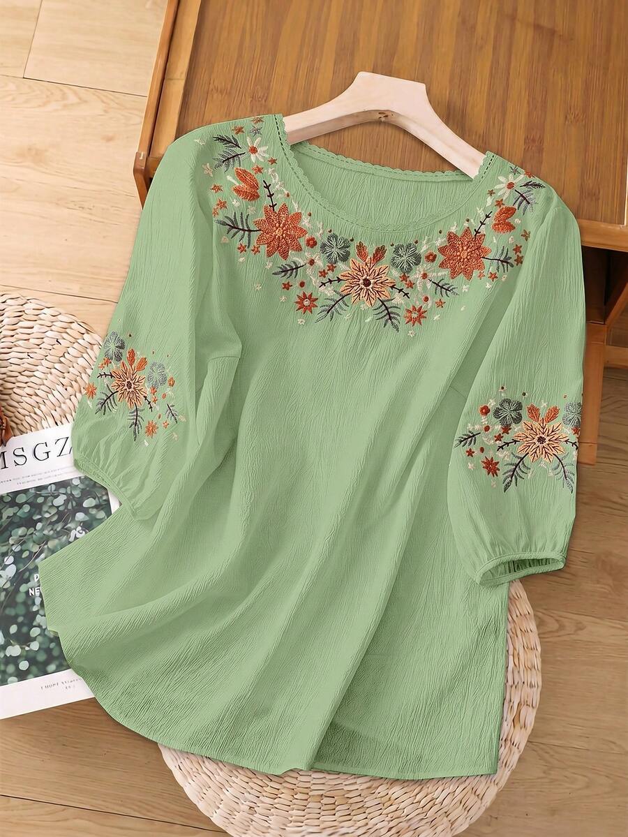 SHEIN LUNE CURVE Áo sơ mi nữ cỡ lớn thêu họa tiết kiểu dáng thường ngày - màu xanh lá - Xem 1