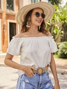 SHEIN VCAY Blus Wanita Warna Polos dengan Ruffle, Lengan Pendek, Model Off Shoulder, Modis, Warna Putih, untuk Liburan Musim Panas dan Kasual - Putih - View 6