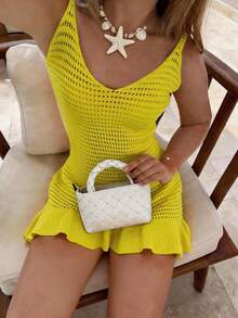Selianne Ärmellose V-Ausschnitt rückenfrei Strickkleid für Frühling/Sommer, lässiger Urlaubsstil für Damen - Gänsegelb - Übersicht 3
