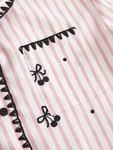 SHEIN 少女睡衣套装，粉色条纹蝴蝶结樱桃图案可爱睡衣，短袖上衣和长裤 - 粉色 - 查看 7