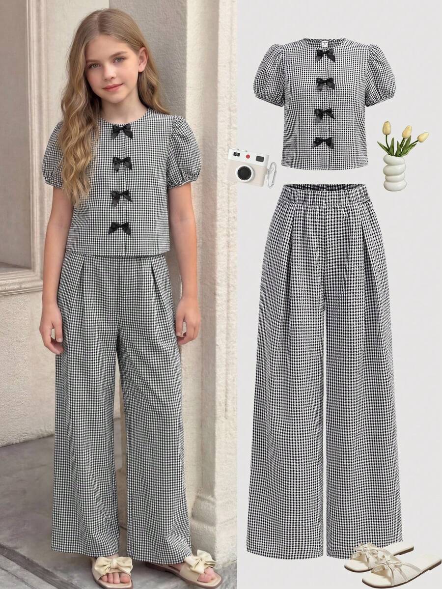 少女两件套：蝴蝶结泡泡袖上衣+宽松长裤，休闲可爱时尚套装，适合外出、拍照、公园、露营、日常穿着、派对、度假等场合。 - 黑與白 - 查看 1