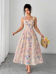 Elenzga Đầm hè hai dây in hoa thanh lịch dành cho nữ cỡ lớn, thích hợp cho Ngày Valentine. - Hồng - Xem 1