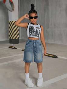 SHEIN Tween Girl Y2K Fashionable Stonewashed High Waist Flap Pocket Baggy Denim Shorts, Back To School Summer - Medium Wash - View 3
