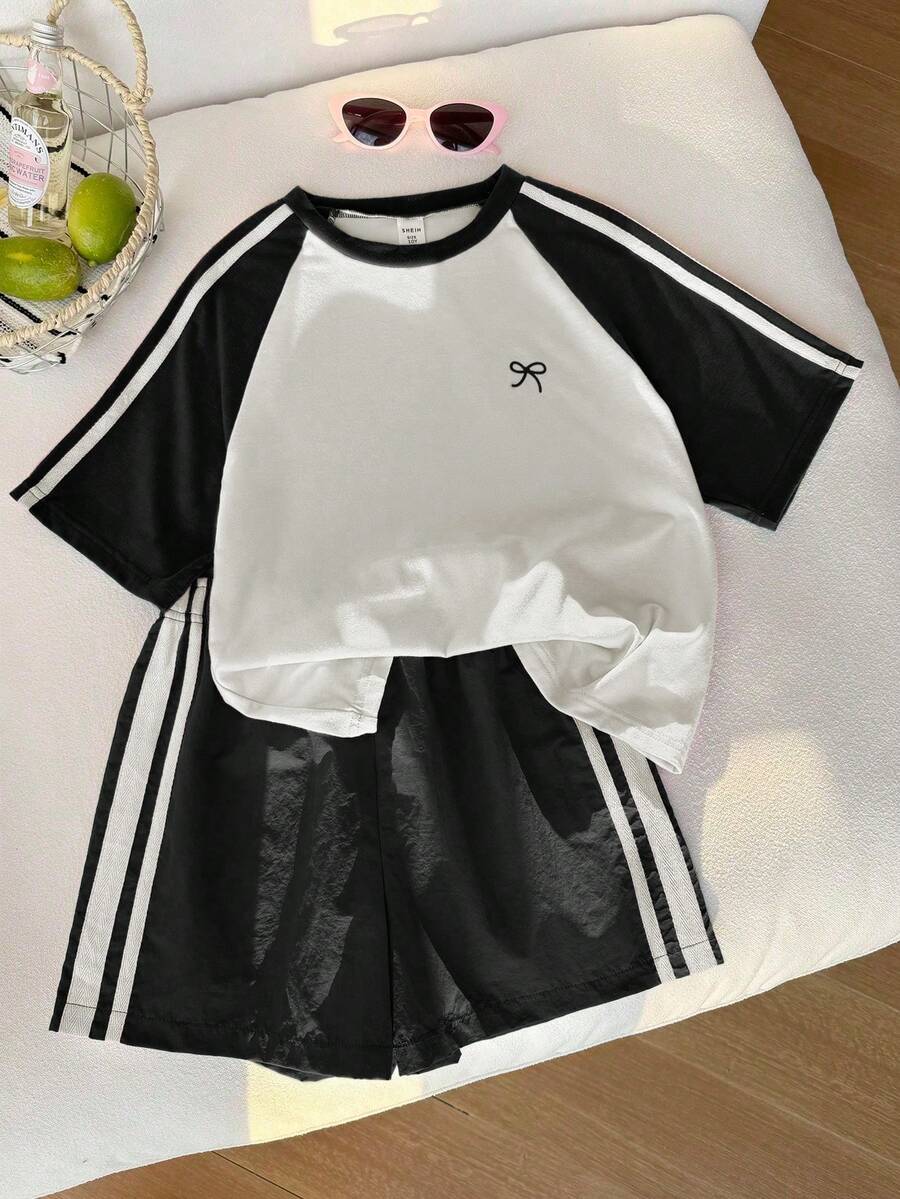 Elladie kids 女童撞色短袖T恤和短裤套装