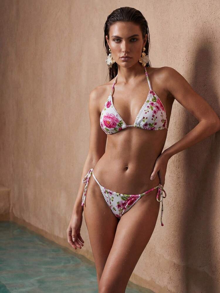 Women's Summer Vacation Floral Print Halter Bikini Set