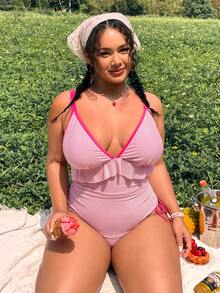 Swim Mod Bộ jumpsuit liền thân cỡ lớn dành cho nữ, ngọt ngào và dễ thương, tối giản, thích hợp cho kỳ nghỉ biển, màu hồng sọc, chất liệu đặc biệt, dây đeo màu hồng tương phản, cổ chữ V, bèo nhún, dây rút bên hông. - Hồng - Xem 6