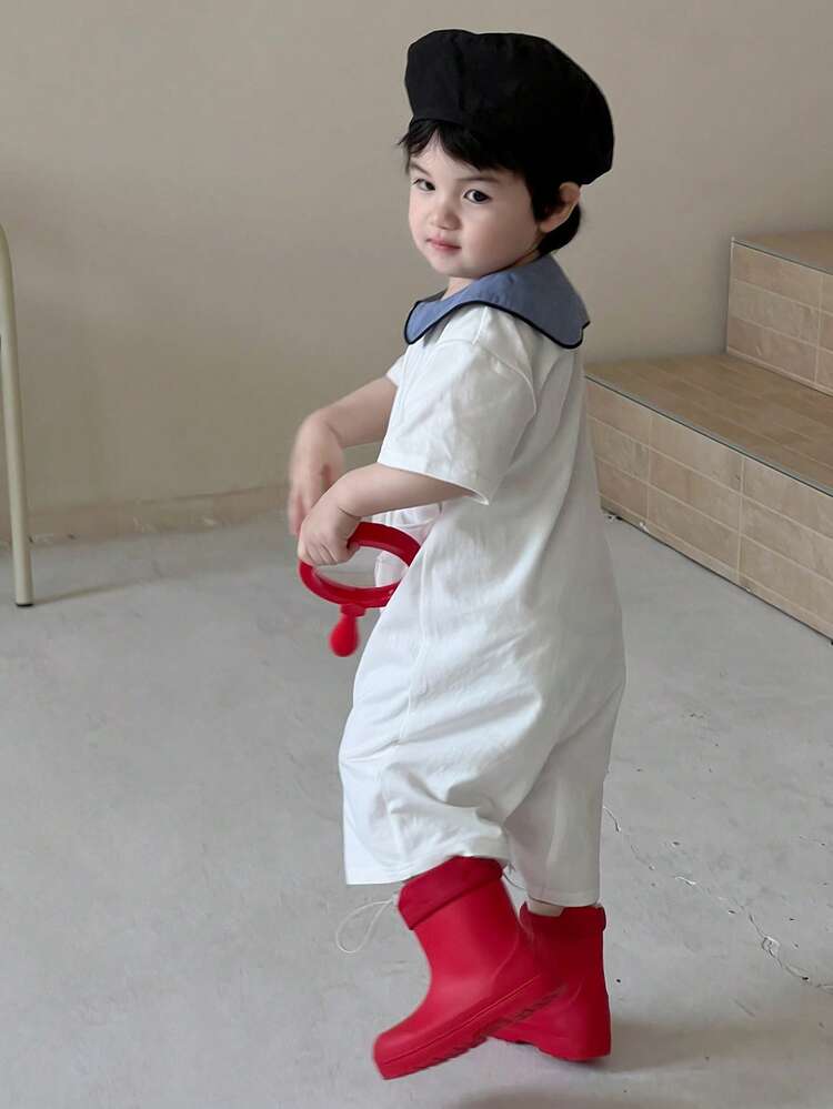 Infant/Toddler Boys' Turndown Collar Contrast Color Cartoon Short Sleeve Romper