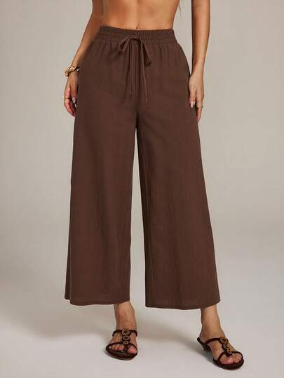SHEIN PETITE Women's Casual Cotton Linen Blend Ankle Pants, Khaki Color, Suitable For Back To School, Teacher Uniform, Autumn Elastic Waist Pants Brown Pants For Women Wide Leg Pants Women Linen Pants Loose Pants
