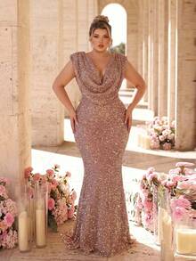 Glamrae Petite Curve Đầm dạ hội dáng đuôi cá màu sâm panh, màu sâm panh, sang trọng, gợi cảm, cổ khoét sâu, đính đá lấp lánh, tay rộng, dành cho nữ, cỡ lớn (đính kèm nhiều chi tiết trang trí). - Bụi hồng - Xem 1