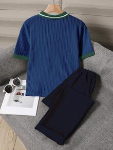 SHEIN 2 piezas Conjunto de Caballero para Niño Preadolescente, Camisa Polo de Manga Corta + Pantalón Largo, Conjunto Formal Elegante para Fiesta de Cumpleaños, Boda, Aniversario, Graduación - Azul Marino - Ver 2