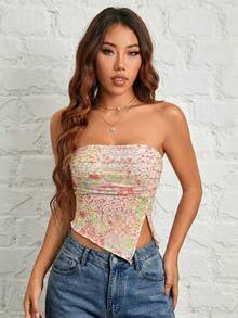 SHEIN PETITE Regata Tubinho Rosa de Tule com Estampa Floral Plissada e Bainha Assimétrica - Multicolorido - Visão 4