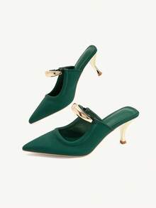 CUCCOO CHICEST Sepatu hak tinggi runcing wanita elegan dengan dekorasi bulan sabit emas, cocok untuk kerja, acara formal, pakaian kantor, sepatu selop, PU putih untuk liburan musim semi, Paskah, dan Natal. - Dark Green - View 4