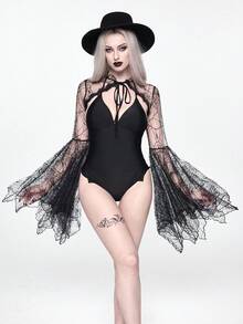 ROMWE Áo kiểu Gothic họa tiết mạng nhện, tay áo loe bất đối xứng, thắt nơ phía trước. - màu đen - Xem 6