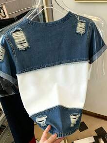 Resyla Women's Round Neck Distressed Patchwork Color Casual Versatile Daily Wear Short Sleeve T-Shirt - Multicolor - View 2