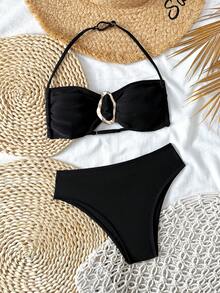 SHEIN Conjunto de tankini de unicolor para niñas preadolescentes - Negro - Ver 1