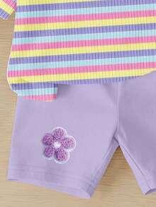Girls Colorful Striped Floral Print Short T-Shirt & Bike Shorts Set,Summer,Matching,Family Vacation,Holiday Cute Casual Daily Sports Outfits,2pcs - Multicolor - View 5