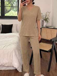 Women Cotton 2 Pcs V Neck Short Sleeve Homewear Lounge Set - Beige - View 2