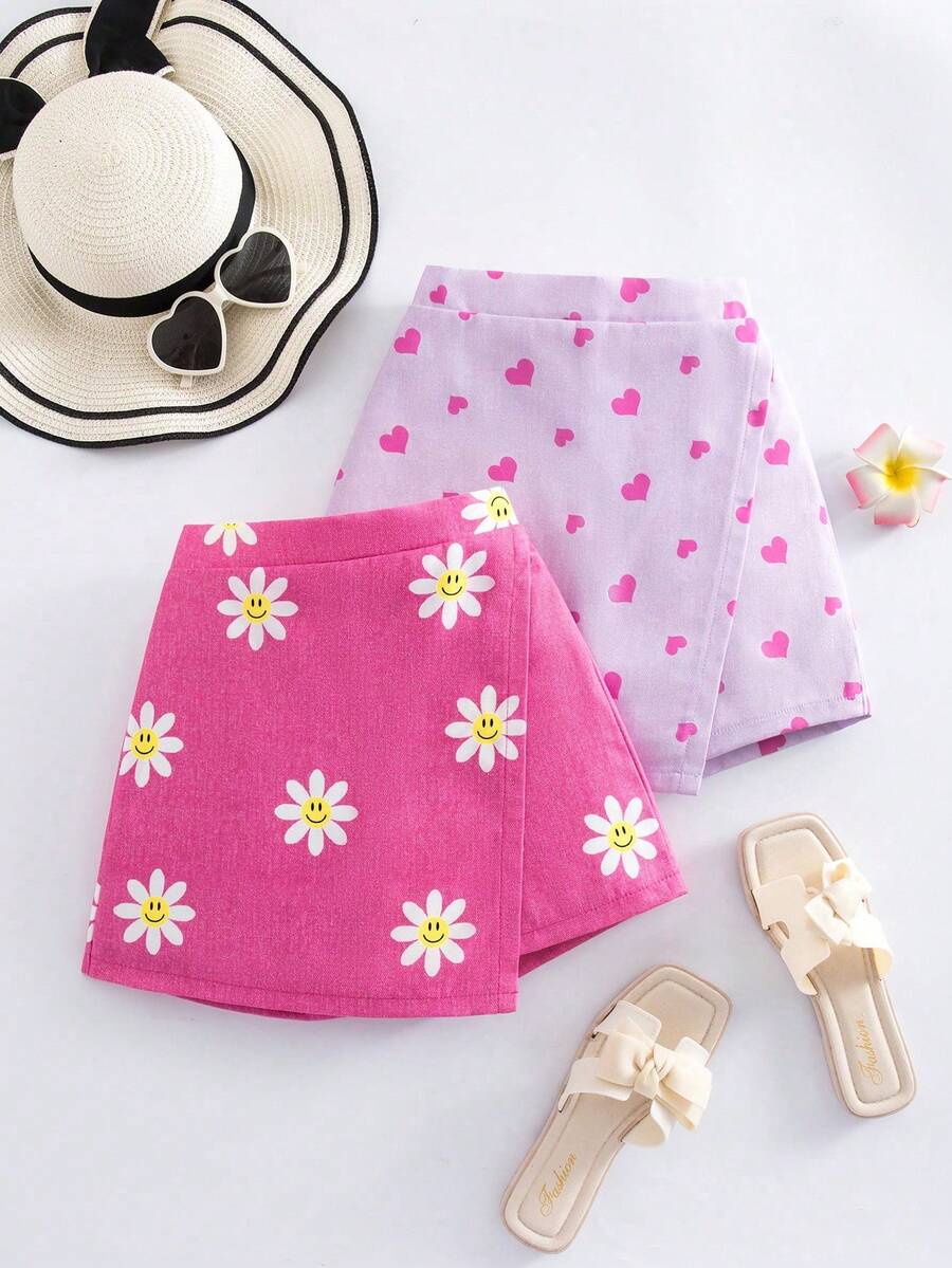Elladie kids 2件套女童活力度假向日葵、爱心、笑脸仿牛仔印花不对称短裤，蓝粉组合，适合夏季外出穿着 - 彩色 - 查看 1