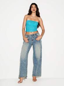 KIZN Sequined Mesh Tube Top With Sparkly Embellishments For Party Nights And Club Events - Teal Blue - View 3