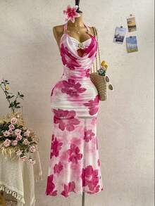 Soleia Women's Spring/Summer Vacation Floral Print Halter Neck Draped Dress - Pink - View 4