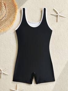 SHEIN Tween Girls' One-Piece Swimsuit Leopard-Print Pattern Side Bodysuit Pleating Front,Summer Casual Beach Holiday Surfing Vacation - Black and White - View 2