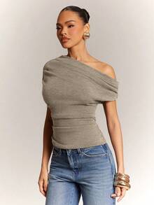 Hauture Women's Office Casual Dialy Simple Off Shoulder Wool Like Knit Ruched Top - Khaki - View 6
