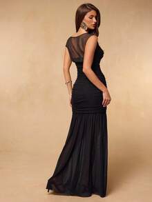 SHEIN BAE Khăn choàng đen, đầm ren voan xếp ly thanh lịch, thích hợp cho những buổi hẹn hò lãng mạn, tiệc tùng, sự kiện trang trọng, đầm phù dâu, đầm mùa hè, đầm dự tiệc trà, năm mới, ngày Valentine, đầm sinh nhật, đầm đen. - màu đen - Xem 2