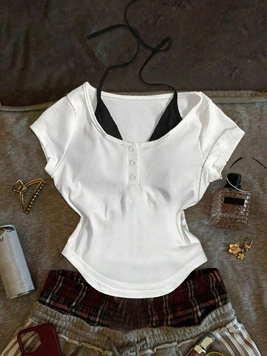 INAWLY Summer Casual Contrast Color Sleeveless Top - Black and White - View 1